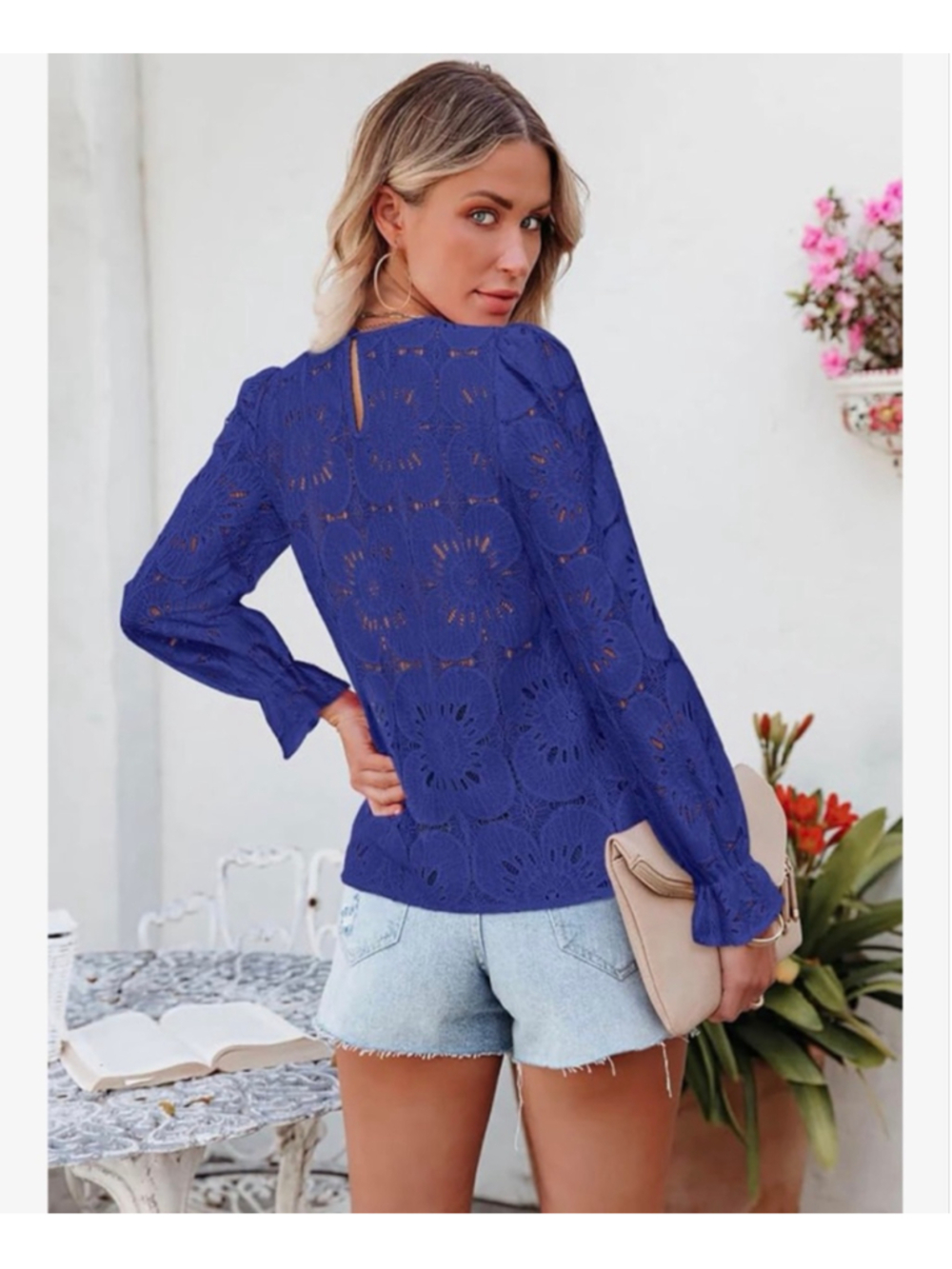 NEW Blue Long Sleeve Eyelet Lace Career Embroidered Blouse M - Picture 2 of 7